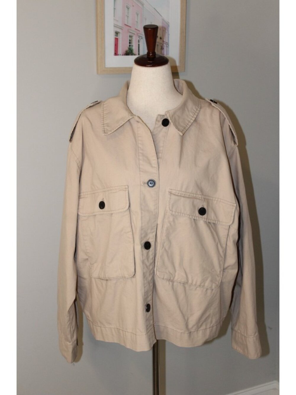 H&M XL Women’s Khaki Utility Cargo Jacket Pockets Collared Front Button